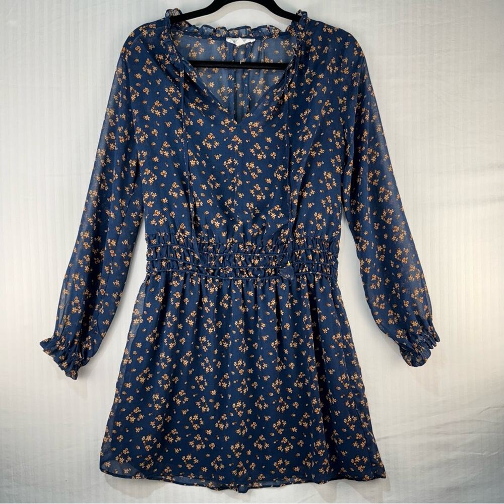 Socialite Long-Sleeve Ditsy Mini Floral Dress Women’s Size Medium Navy Blue Tan